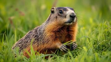 Groundhog stands in prairie grassland holding grass in paws, displaying soft golden fur near burrow entrance against green meadow background in natural sunlight with curious expression. grass photo