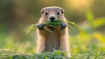Groundhog stands in prairie grassland holding grass in paws, displaying soft golden fur near burrow entrance against green meadow background in natural sunlight with curious expression. fur photo