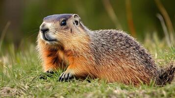 Groundhog stands in prairie grassland holding grass in paws, displaying soft golden fur near burrow entrance against green meadow background in natural sunlight with curious expression. paw photo