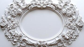 Elegant circular white baroque picture frame displays ornate Victorian design with decorative floral scrollwork, vintage antique style, and symmetrical carved pattern in classical wall decor. gilded photo