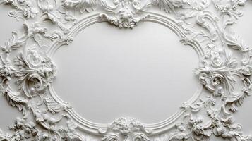 Elegant circular white baroque picture frame displays ornate Victorian design with decorative floral scrollwork, vintage antique style, and symmetrical carved pattern in classical wall decor. sophist photo