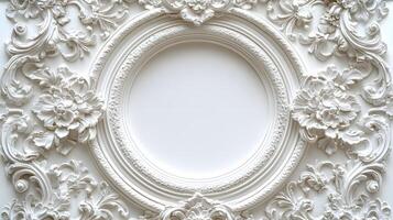 Elegant circular white baroque picture frame displays ornate Victorian design with decorative floral scrollwork, vintage antique style, and symmetrical carved pattern in classical wall decor. frame photo
