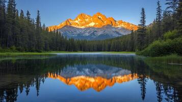 Majestic golden mountain peak reflects perfectly in calm alpine lake during sunset, featuring snow-capped summit glowing orange, pristine turquoise water, and green forested slopes glacier photo