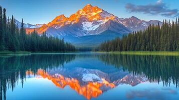 Majestic golden mountain peak reflects perfectly in calm alpine lake during sunset, featuring snow-capped summit glowing orange, pristine turquoise water, and green forested slopes snow photo
