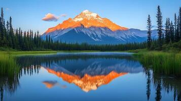 Majestic golden mountain peak reflects perfectly in calm alpine lake during sunset, featuring snow-capped summit glowing orange, pristine turquoise water, and green forested slopes summit photo