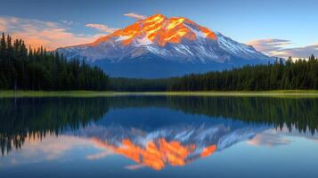 Majestic golden mountain peak reflects perfectly in calm alpine lake during sunset, featuring snow-capped summit glowing orange, pristine turquoise water, and green forested slopes glow photo