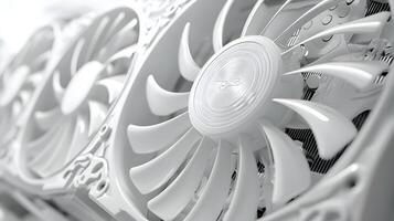 Modern white computer GPU cooling fans showcase detailed graphics card components with clean technology aesthetic, metallic finish, and precise mechanical details in premium gaming hardware. fan photo