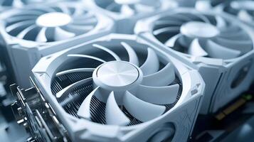 Modern white computer GPU cooling fans showcase detailed graphics card components with clean technology aesthetic, metallic finish, and precise mechanical details in premium gaming hardware. technolo photo