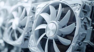 Modern white computer GPU cooling fans showcase detailed graphics card components with clean technology aesthetic, metallic finish, and precise mechanical details in premium gaming hardware. white photo