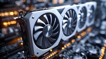 Modern white computer GPU cooling fans showcase detailed graphics card components with clean technology aesthetic, metallic finish, and precise mechanical details in premium gaming hardware. componen photo