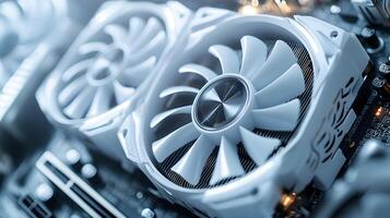 Modern white computer GPU cooling fans showcase detailed graphics card components with clean technology aesthetic, metallic finish, and precise mechanical details in premium gaming hardware. precise photo