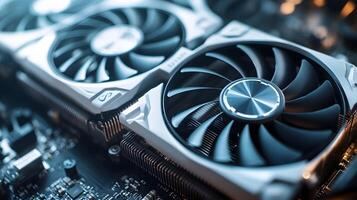 Modern white computer GPU cooling fans showcase detailed graphics card components with clean technology aesthetic, metallic finish, and precise mechanical details in premium gaming hardware. mechanic photo