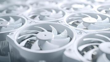 Modern white computer GPU cooling fans showcase detailed graphics card components with clean technology aesthetic, metallic finish, and precise mechanical details in premium gaming hardware. premium photo