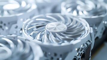 Modern white computer GPU cooling fans showcase detailed graphics card components with clean technology aesthetic, metallic finish, and precise mechanical details in premium gaming hardware. detail photo