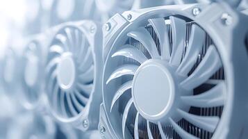 Modern white computer GPU cooling fans showcase detailed graphics card components with clean technology aesthetic, metallic finish, and precise mechanical details in premium gaming hardware. hardware photo