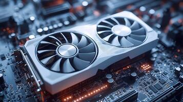 Modern white computer GPU cooling fans showcase detailed graphics card components with clean technology aesthetic, metallic finish, and precise mechanical details in premium gaming hardware. gaming photo