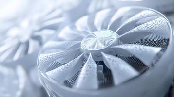 Modern white computer GPU cooling fans showcase detailed graphics card components with clean technology aesthetic, metallic finish, and precise mechanical details in premium gaming hardware. modern photo
