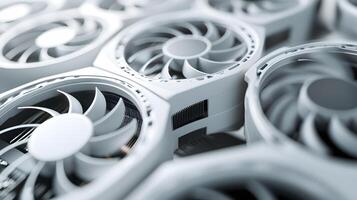 Modern white computer GPU cooling fans showcase detailed graphics card components with clean technology aesthetic, metallic finish, and precise mechanical details in premium gaming hardware. digital photo