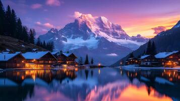 Quaint mountain village nestles beneath snow-capped peaks bathed in pink alpenglow, featuring rustic wooden houses, peaceful lakeside reflection, and purple-orange sky in winter landscape. scenic photo