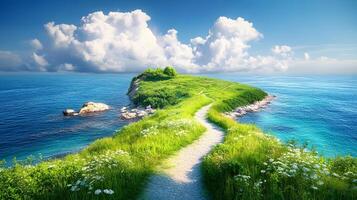 Tropical paradise island features winding path through lush green grass, surrounded by crystal clear turquoise ocean and pristine white fluffy clouds in serene seascape under bright sunny sky. lush photo