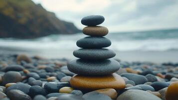 Zen balanced stones stack artfully on beach pebbles with blurred ocean background, creating tranquil seascape bokeh and meditation concept through smooth river rocks pyramid arrangement. balanced photo
