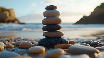 Zen balanced stones stack artfully on beach pebbles with blurred ocean background, creating tranquil seascape bokeh and meditation concept through smooth river rocks pyramid arrangement. ocean photo