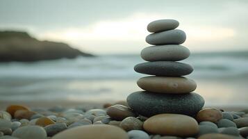 Zen balanced stones stack artfully on beach pebbles with blurred ocean background, creating tranquil seascape bokeh and meditation concept through smooth river rocks pyramid arrangement. meditation photo