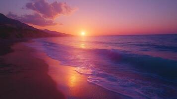Mediterranean seascape captures dramatic coastal sunset with vibrant pink-purple sky, golden hour illumination reflecting on calm waters, creating serene beach atmosphere with soft clouds. illuminati photo