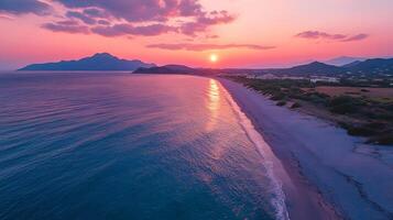 Mediterranean seascape captures dramatic coastal sunset with vibrant pink-purple sky, golden hour illumination reflecting on calm waters, creating serene beach atmosphere with soft clouds. calm photo