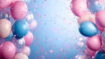 Festive frame of colorful balloons adorns soft gradient background with scattered pastel confetti, creating celebratory atmosphere with pink and blue scheme and dreamy bokeh light effects. bright photo