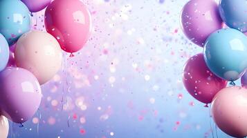 Festive frame of colorful balloons adorns soft gradient background with scattered pastel confetti, creating celebratory atmosphere with pink and blue scheme and dreamy bokeh light effects. dynamic photo