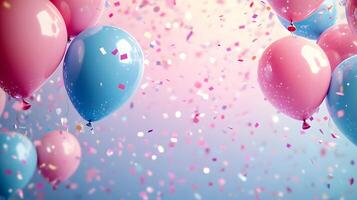 Festive frame of colorful balloons adorns soft gradient background with scattered pastel confetti, creating celebratory atmosphere with pink and blue scheme and dreamy bokeh light effects. happy photo