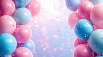 Festive frame of colorful balloons adorns soft gradient background with scattered pastel confetti, creating celebratory atmosphere with pink and blue scheme and dreamy bokeh light effects. lively photo