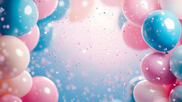 Festive frame of colorful balloons adorns soft gradient background with scattered pastel confetti, creating celebratory atmosphere with pink and blue scheme and dreamy bokeh light effects. magical photo