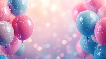 Festive frame of colorful balloons adorns soft gradient background with scattered pastel confetti, creating celebratory atmosphere with pink and blue scheme and dreamy bokeh light effects. festive photo