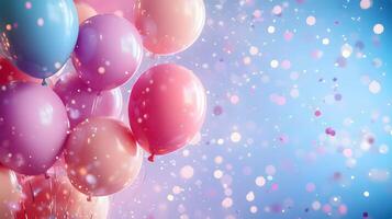 Festive frame of colorful balloons adorns soft gradient background with scattered pastel confetti, creating celebratory atmosphere with pink and blue scheme and dreamy bokeh light effects. ethereal photo
