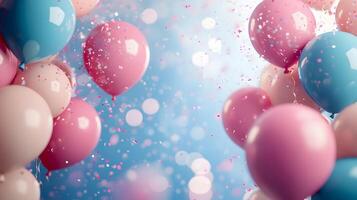 Festive frame of colorful balloons adorns soft gradient background with scattered pastel confetti, creating celebratory atmosphere with pink and blue scheme and dreamy bokeh light effects. colorful photo