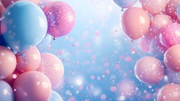 Festive frame of colorful balloons adorns soft gradient background with scattered pastel confetti, creating celebratory atmosphere with pink and blue scheme and dreamy bokeh light effects. gradient photo