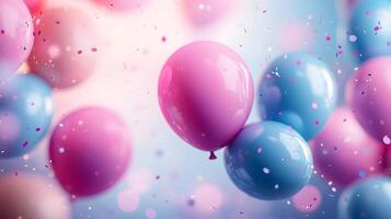 Festive frame of colorful balloons adorns soft gradient background with scattered pastel confetti, creating celebratory atmosphere with pink and blue scheme and dreamy bokeh light effects. balloons photo