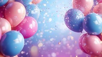 Festive frame of colorful balloons adorns soft gradient background with scattered pastel confetti, creating celebratory atmosphere with pink and blue scheme and dreamy bokeh light effects. pink photo