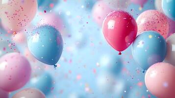 Festive frame of colorful balloons adorns soft gradient background with scattered pastel confetti, creating celebratory atmosphere with pink and blue scheme and dreamy bokeh light effects. pastel photo