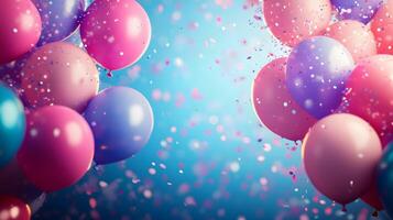 Festive frame of colorful balloons adorns soft gradient background with scattered pastel confetti, creating celebratory atmosphere with pink and blue scheme and dreamy bokeh light effects. bokeh photo