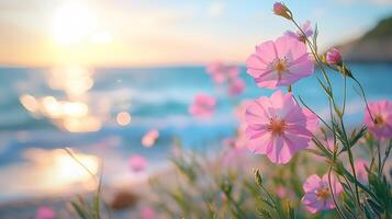 Coastal imagery shows delicate pink wildflowers in foreground against blurred beach setting, creating dreamy seaside atmosphere with soft pastel colors and turquoise ocean backdrop. ocean photo