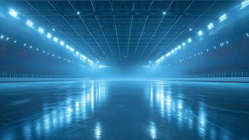 Professional ice arena showcases empty skating rink with glossy surface reflecting bright stadium lights, creating dramatic atmosphere with blue illumination and misty cool environment. dramatic photo