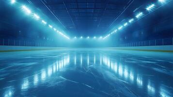 Professional ice arena showcases empty skating rink with glossy surface reflecting bright stadium lights, creating dramatic atmosphere with blue illumination and misty cool environment. blue photo