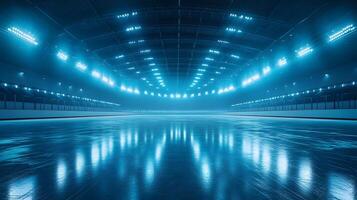 Professional ice arena showcases empty skating rink with glossy surface reflecting bright stadium lights, creating dramatic atmosphere with blue illumination and misty cool environment. illumination photo
