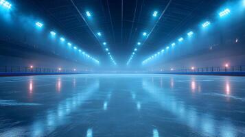 Professional ice arena showcases empty skating rink with glossy surface reflecting bright stadium lights, creating dramatic atmosphere with blue illumination and misty cool environment. misty photo