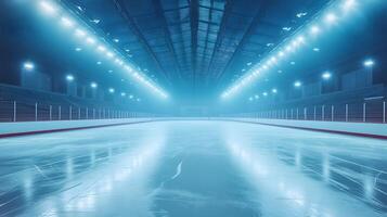 Professional ice arena showcases empty skating rink with glossy surface reflecting bright stadium lights, creating dramatic atmosphere with blue illumination and misty cool environment. environment photo