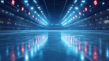 Professional ice arena showcases empty skating rink with glossy surface reflecting bright stadium lights, creating dramatic atmosphere with blue illumination and misty cool environment. spacious photo