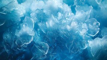 Detailed macro view reveals delicate ice crystal formations with translucent blue frost patterns, showcasing geometric structures and ethereal frozen shapes in natural mineral arrangements. glacial photo